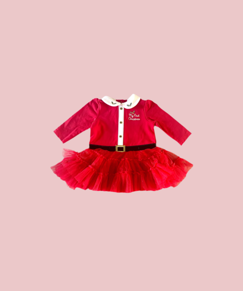 Baby’s First Christmas Dress – Festive Santa-Inspired Outfit