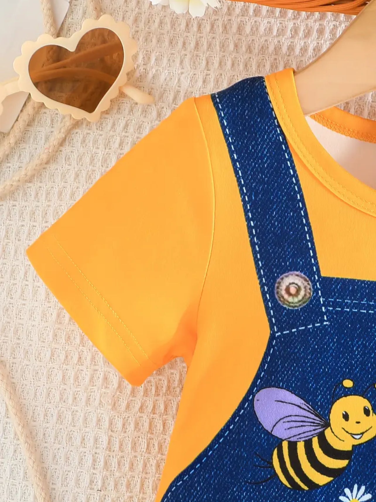 Baby-Girl Cartoon Bee Faux Denim Pattern Dress.