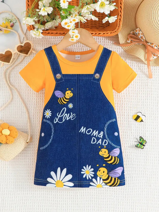 Baby-Girl Cartoon Bee Faux Denim Pattern Dress.