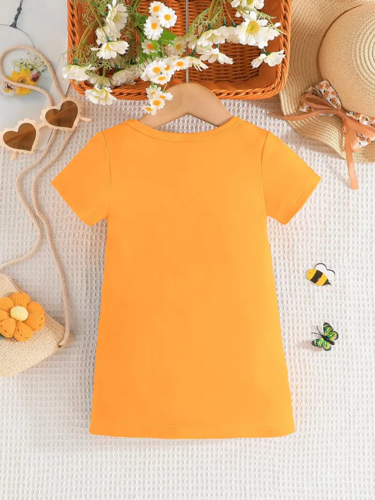 Baby-Girl Cartoon Bee Faux Denim Pattern Dress.